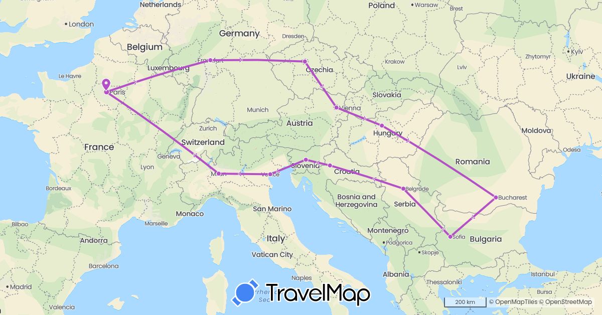 TravelMap itinerary: driving, train in Austria, Bulgaria, Czech Republic, Germany, France, Croatia, Hungary, Italy, Romania, Serbia, Slovenia (Europe)